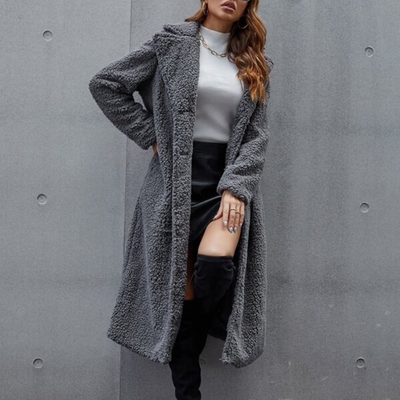Cozy Charcoal Grey Teddy Button up Long Jacket Coat - Picture 2 of 6